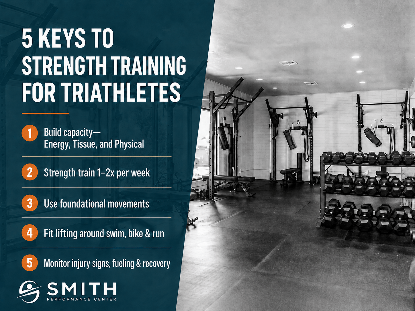 Five keys to strength training for triathletes: build energy, tissue, and physical capacity; use foundational movements; and monitor recovery.