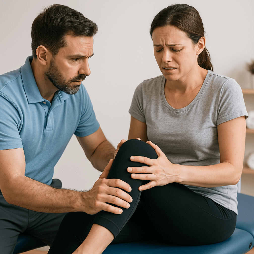 Patient experiencing a rehabilitation flare-up with physical therapist support and quote about mastering symptom management