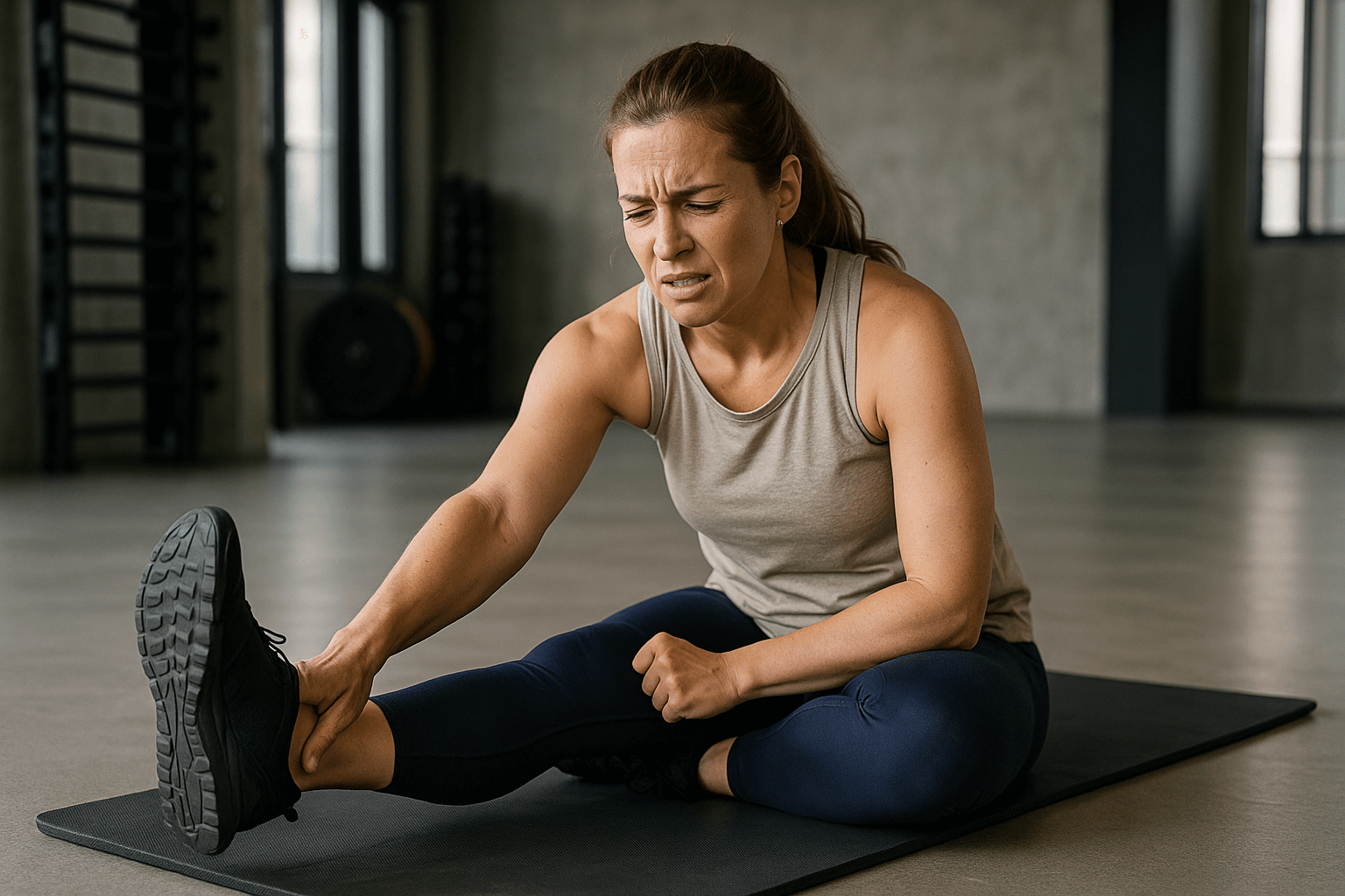 A woman on a gym mat reaching for her foot with visible discomfort, struggling to stretch her chronic hamstring tightness in an industrial-style fitness studio.