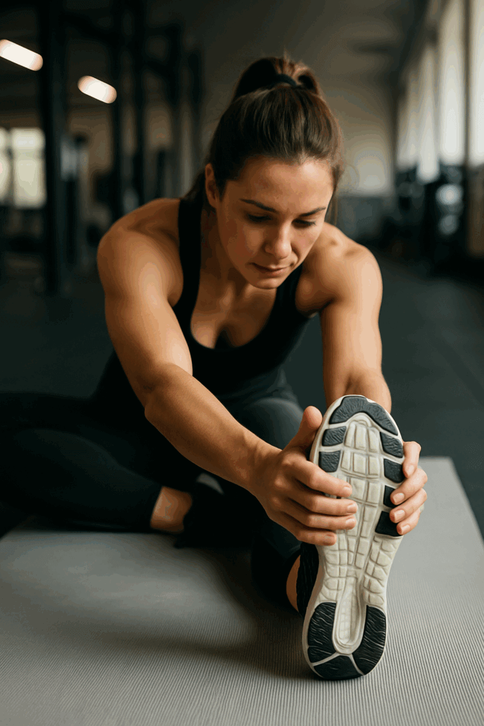 Athletic woman seated on a gym mat stretching her hamstring, illustrating common approach to chronic hamstring tightness