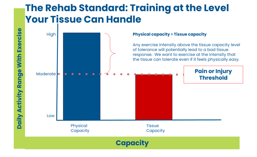 Bar graph comparing physical capacity and tissue capacity, showing that exercising above tissue tolerance can cause pain or injury. Illustrates the rehab standard—training at the level tissue responds well to.