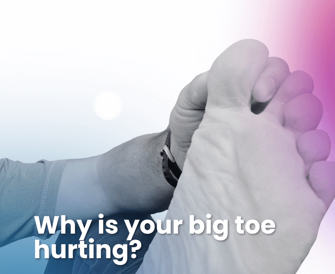 Close-up of a person holding their foot with visible focus on the big toe, illustrating pain and tension related to big toe injuries and joint overload.
