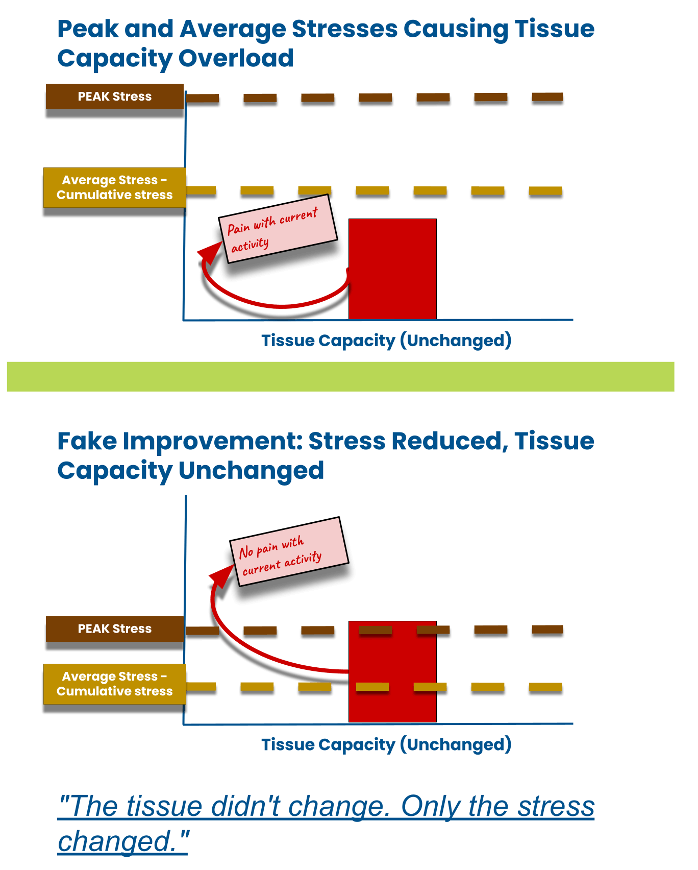 diagram showing peak stress and cumulative stress exceeding tissue capacity in running injuries